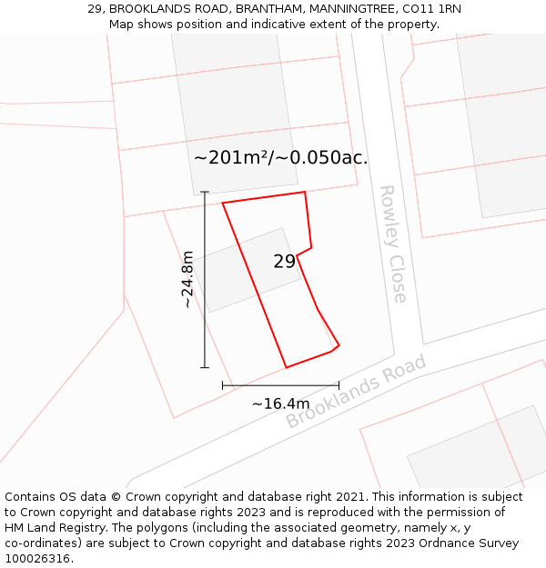 29, BROOKLANDS ROAD, BRANTHAM, MANNINGTREE, CO11 1RN: Plot and title map