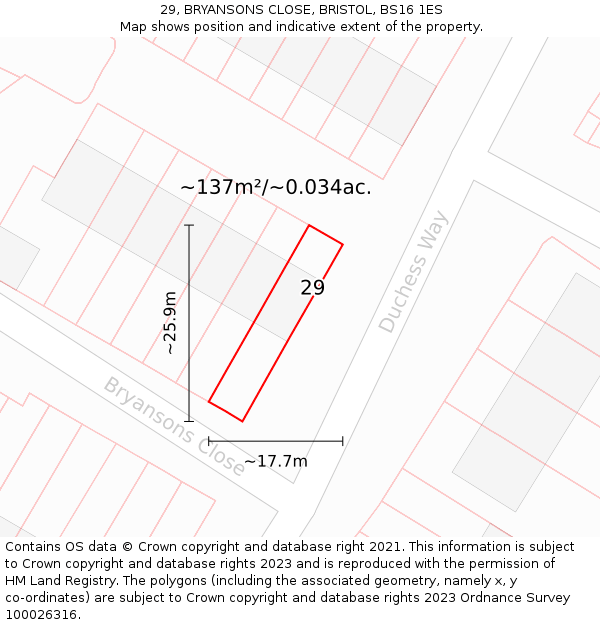 29, BRYANSONS CLOSE, BRISTOL, BS16 1ES: Plot and title map