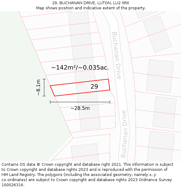 29, BUCHANAN DRIVE, LUTON, LU2 0RX: Plot and title map