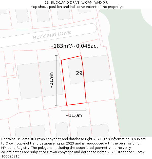 29, BUCKLAND DRIVE, WIGAN, WN5 0JR: Plot and title map
