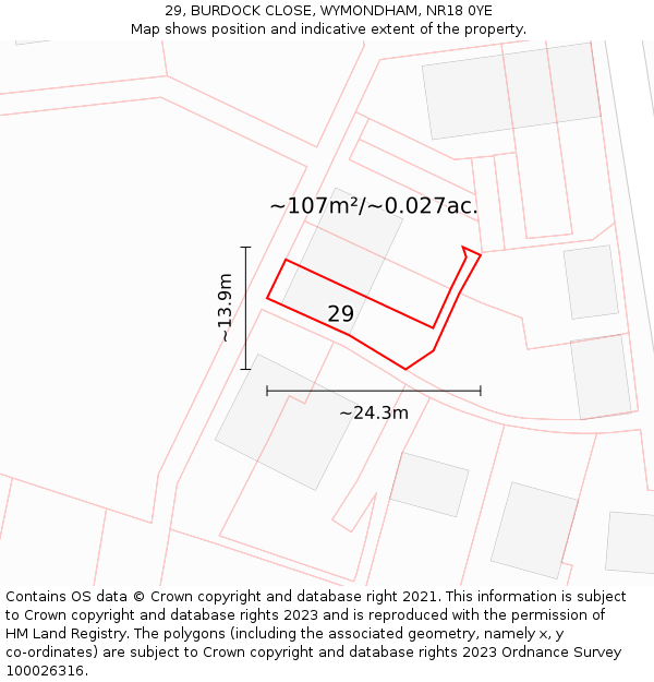 29, BURDOCK CLOSE, WYMONDHAM, NR18 0YE: Plot and title map
