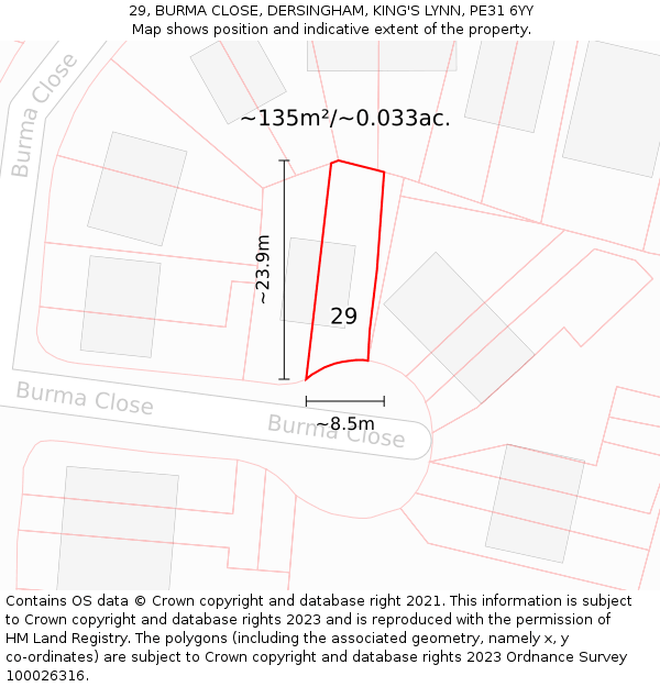 29, BURMA CLOSE, DERSINGHAM, KING'S LYNN, PE31 6YY: Plot and title map