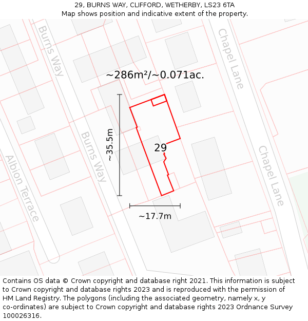 29, BURNS WAY, CLIFFORD, WETHERBY, LS23 6TA: Plot and title map