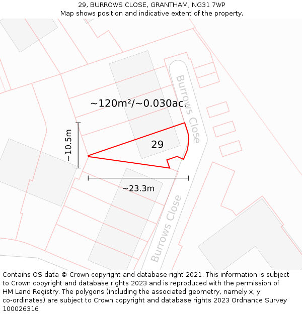 29, BURROWS CLOSE, GRANTHAM, NG31 7WP: Plot and title map