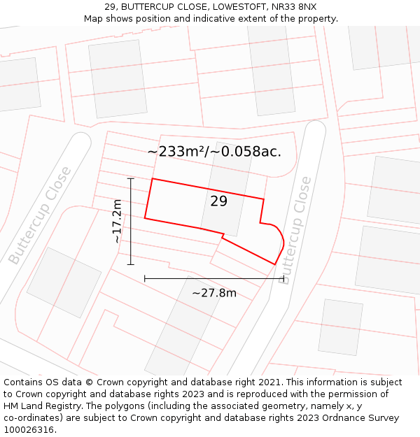 29, BUTTERCUP CLOSE, LOWESTOFT, NR33 8NX: Plot and title map