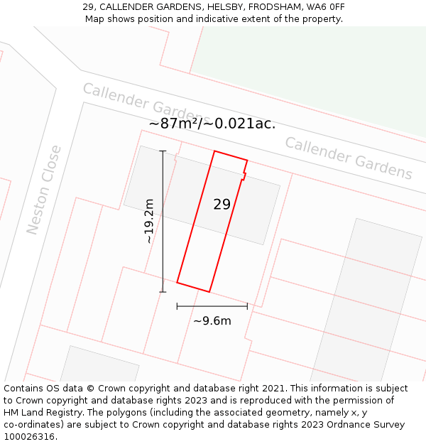 29, CALLENDER GARDENS, HELSBY, FRODSHAM, WA6 0FF: Plot and title map