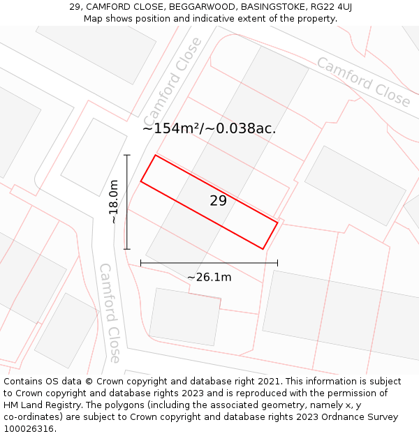 29, CAMFORD CLOSE, BEGGARWOOD, BASINGSTOKE, RG22 4UJ: Plot and title map