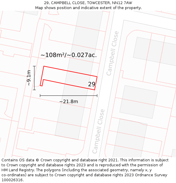 29, CAMPBELL CLOSE, TOWCESTER, NN12 7AW: Plot and title map