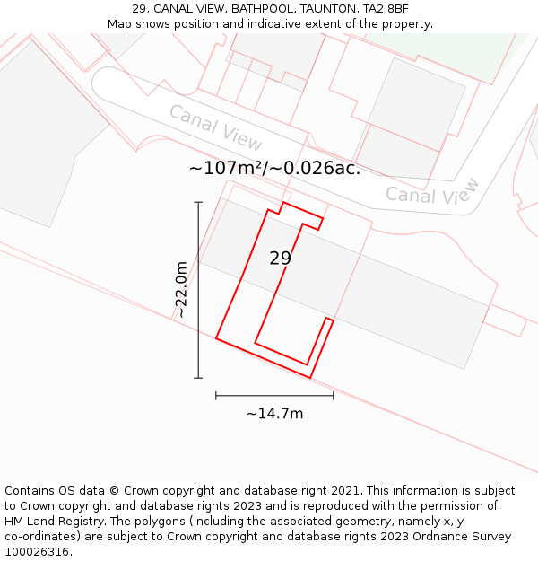 29, CANAL VIEW, BATHPOOL, TAUNTON, TA2 8BF: Plot and title map