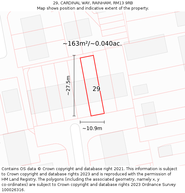 29, CARDINAL WAY, RAINHAM, RM13 9RB: Plot and title map