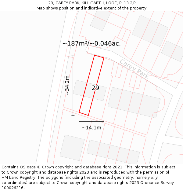 29, CAREY PARK, KILLIGARTH, LOOE, PL13 2JP: Plot and title map