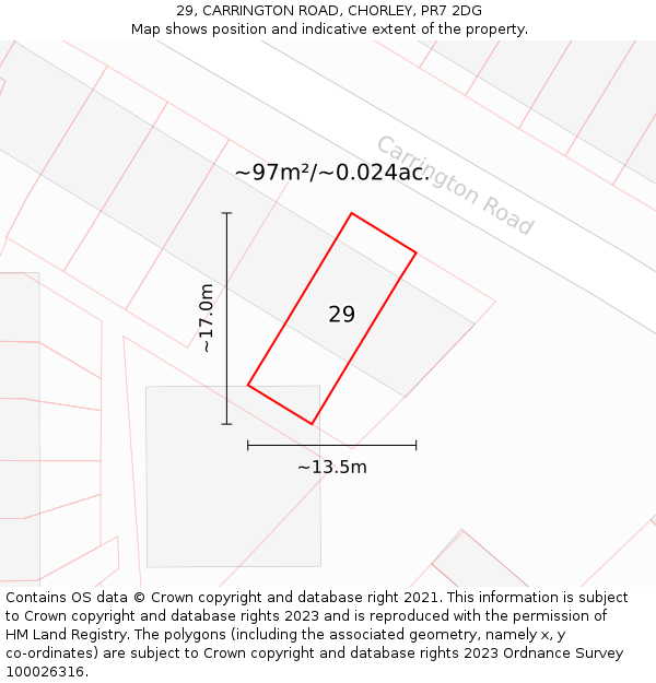 29, CARRINGTON ROAD, CHORLEY, PR7 2DG: Plot and title map
