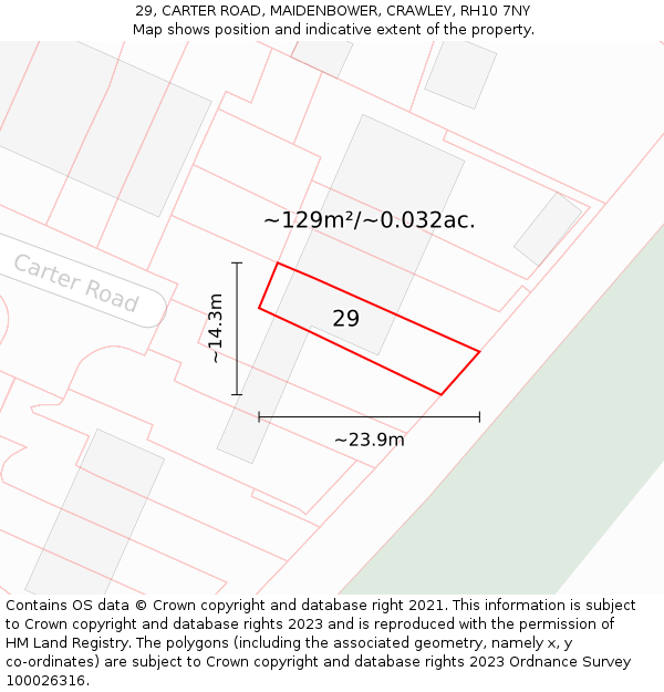 29, CARTER ROAD, MAIDENBOWER, CRAWLEY, RH10 7NY: Plot and title map