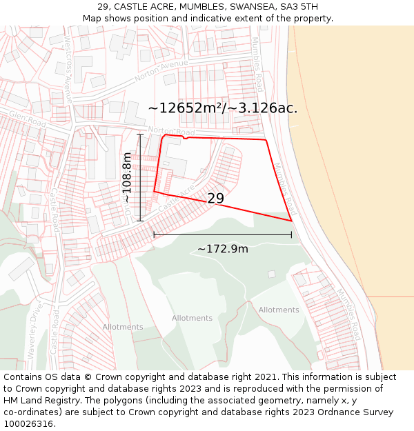 29, CASTLE ACRE, MUMBLES, SWANSEA, SA3 5TH: Plot and title map