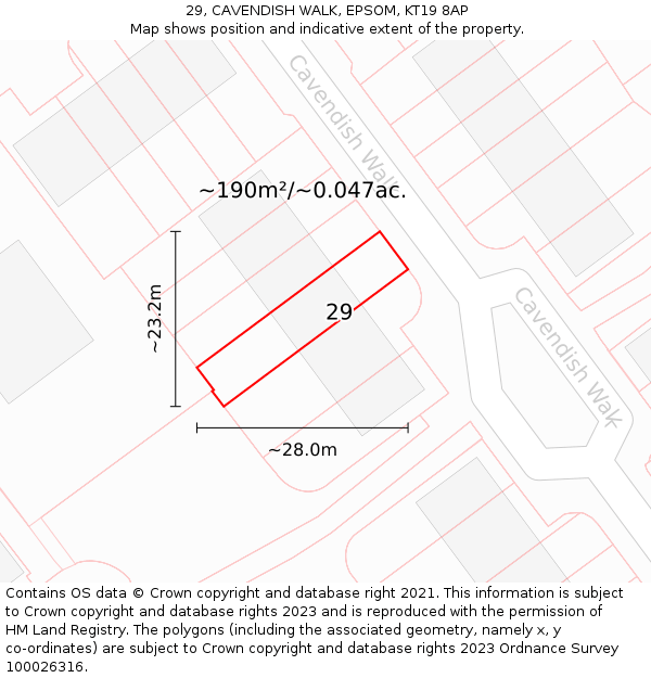 29, CAVENDISH WALK, EPSOM, KT19 8AP: Plot and title map