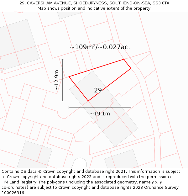29, CAVERSHAM AVENUE, SHOEBURYNESS, SOUTHEND-ON-SEA, SS3 8TX: Plot and title map
