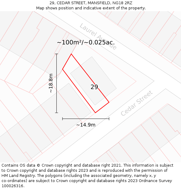 29, CEDAR STREET, MANSFIELD, NG18 2RZ: Plot and title map