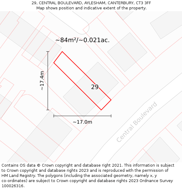 29, CENTRAL BOULEVARD, AYLESHAM, CANTERBURY, CT3 3FF: Plot and title map