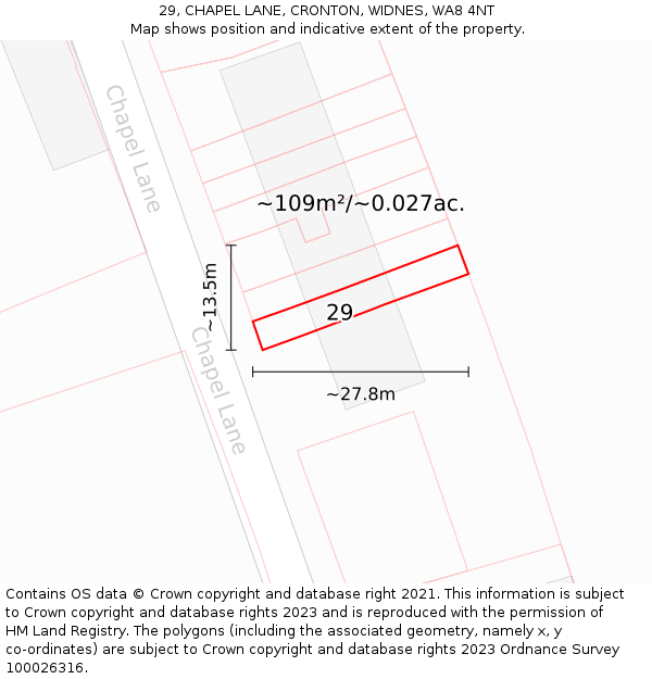 29, CHAPEL LANE, CRONTON, WIDNES, WA8 4NT: Plot and title map