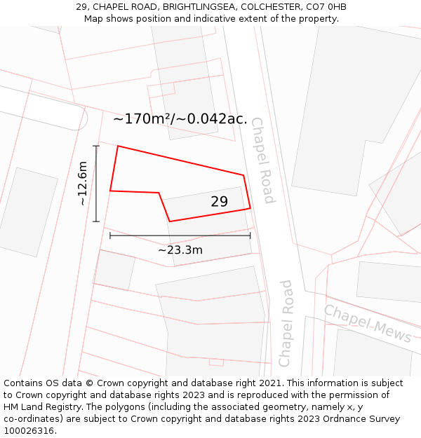 29, CHAPEL ROAD, BRIGHTLINGSEA, COLCHESTER, CO7 0HB: Plot and title map