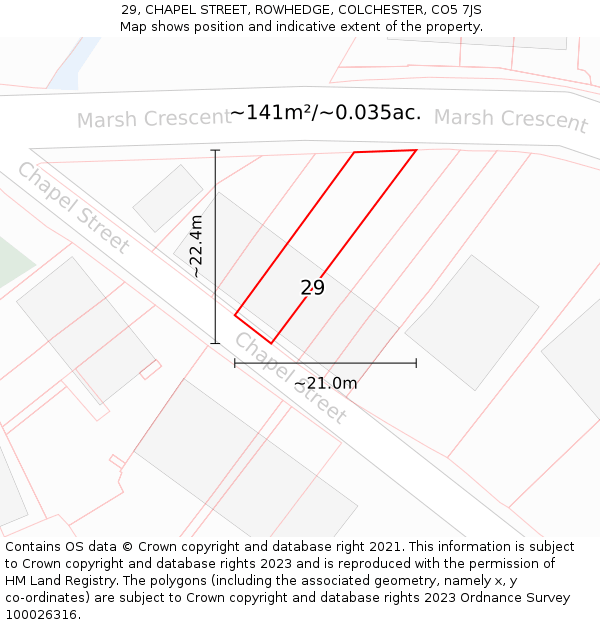 29, CHAPEL STREET, ROWHEDGE, COLCHESTER, CO5 7JS: Plot and title map