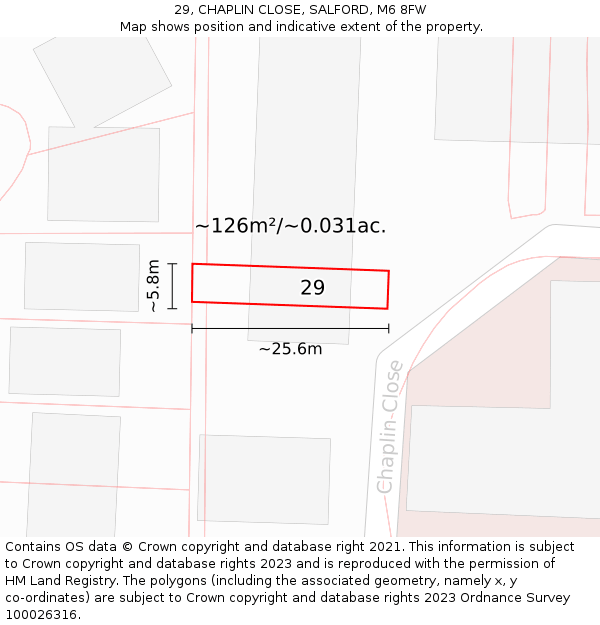 29, CHAPLIN CLOSE, SALFORD, M6 8FW: Plot and title map