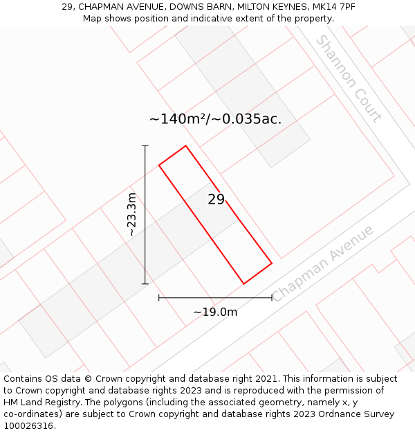 29, CHAPMAN AVENUE, DOWNS BARN, MILTON KEYNES, MK14 7PF: Plot and title map