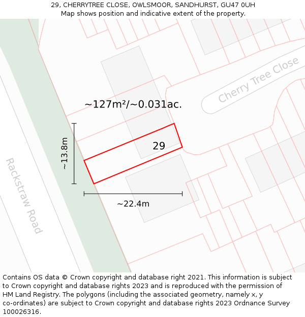 29, CHERRYTREE CLOSE, OWLSMOOR, SANDHURST, GU47 0UH: Plot and title map