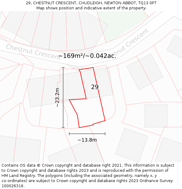 29, CHESTNUT CRESCENT, CHUDLEIGH, NEWTON ABBOT, TQ13 0PT: Plot and title map