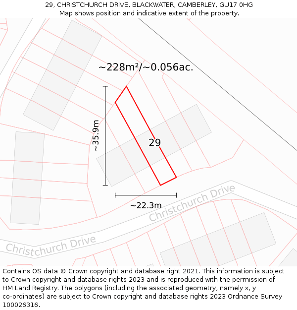 29, CHRISTCHURCH DRIVE, BLACKWATER, CAMBERLEY, GU17 0HG: Plot and title map