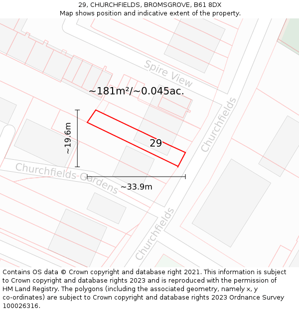 29, CHURCHFIELDS, BROMSGROVE, B61 8DX: Plot and title map