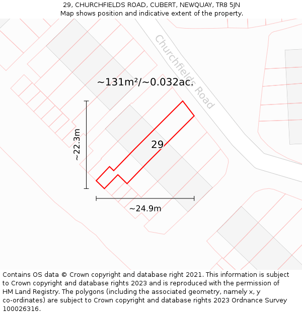29, CHURCHFIELDS ROAD, CUBERT, NEWQUAY, TR8 5JN: Plot and title map
