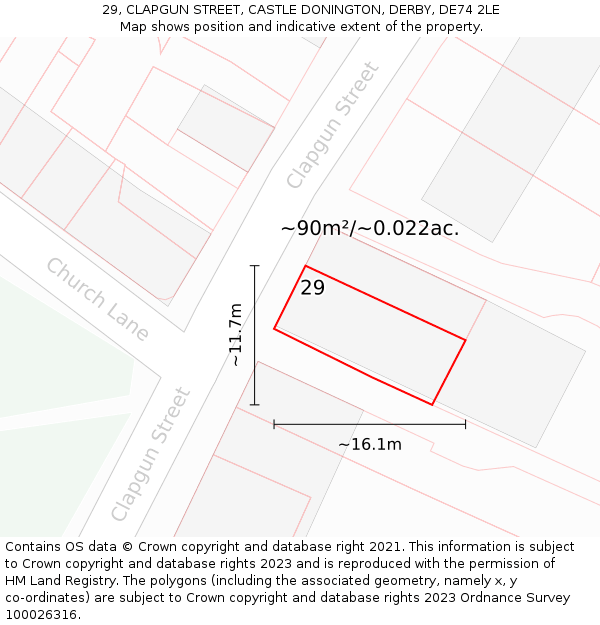 29, CLAPGUN STREET, CASTLE DONINGTON, DERBY, DE74 2LE: Plot and title map