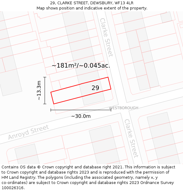 29, CLARKE STREET, DEWSBURY, WF13 4LR: Plot and title map