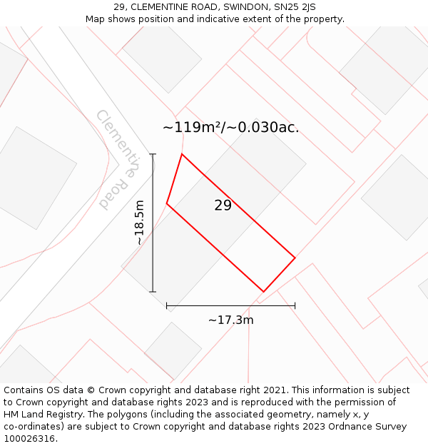 29, CLEMENTINE ROAD, SWINDON, SN25 2JS: Plot and title map