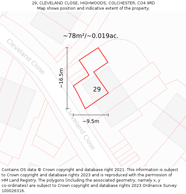 29, CLEVELAND CLOSE, HIGHWOODS, COLCHESTER, CO4 9RD: Plot and title map