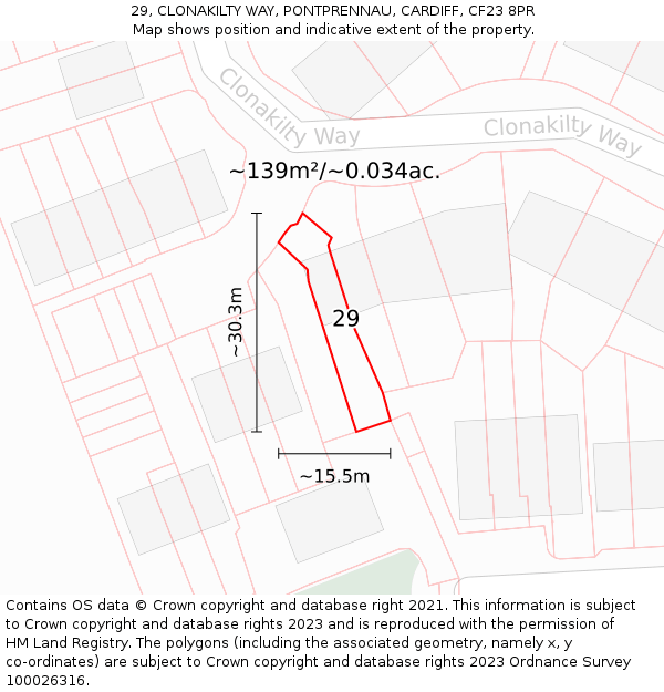 29, CLONAKILTY WAY, PONTPRENNAU, CARDIFF, CF23 8PR: Plot and title map