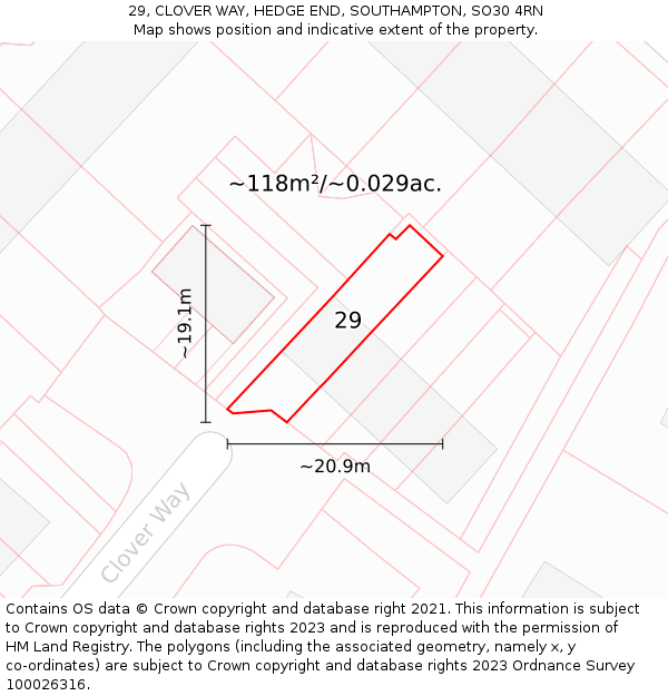 29, CLOVER WAY, HEDGE END, SOUTHAMPTON, SO30 4RN: Plot and title map