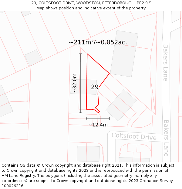 29, COLTSFOOT DRIVE, WOODSTON, PETERBOROUGH, PE2 9JS: Plot and title map
