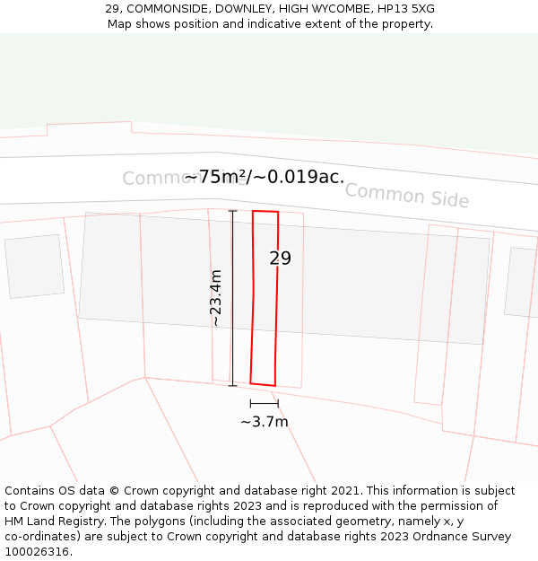 29, COMMONSIDE, DOWNLEY, HIGH WYCOMBE, HP13 5XG: Plot and title map