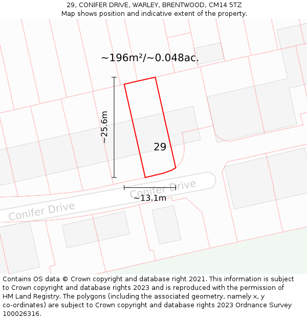 29, CONIFER DRIVE, WARLEY, BRENTWOOD, CM14 5TZ: Plot and title map