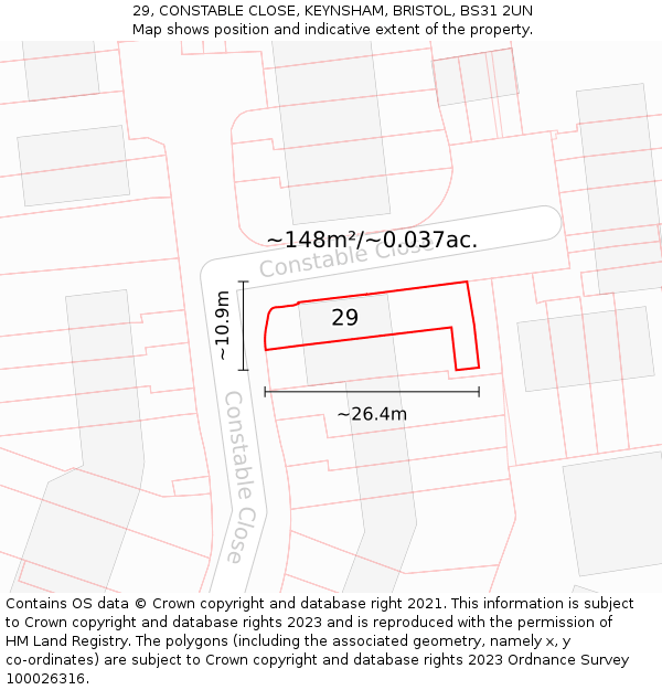 29, CONSTABLE CLOSE, KEYNSHAM, BRISTOL, BS31 2UN: Plot and title map