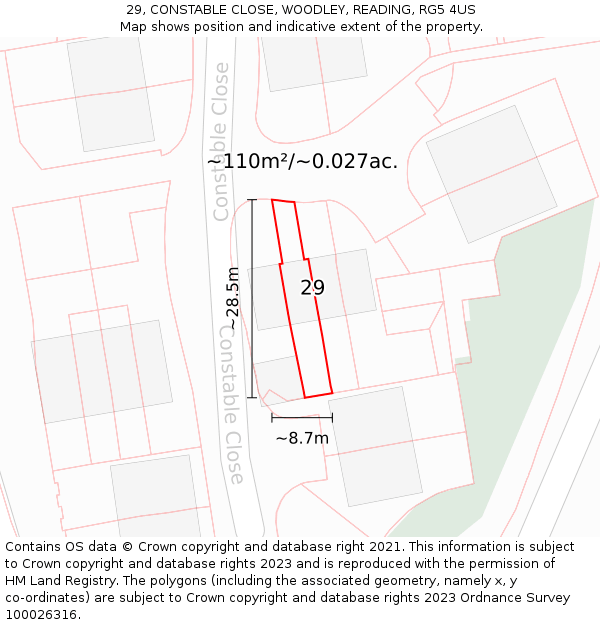 29, CONSTABLE CLOSE, WOODLEY, READING, RG5 4US: Plot and title map