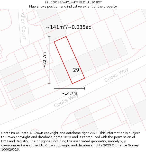 29, COOKS WAY, HATFIELD, AL10 8XT: Plot and title map