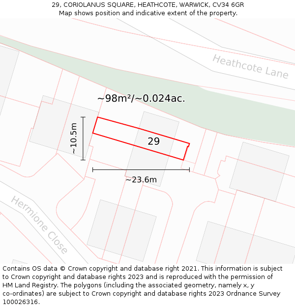 29, CORIOLANUS SQUARE, HEATHCOTE, WARWICK, CV34 6GR: Plot and title map