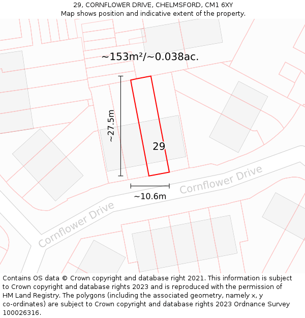 29, CORNFLOWER DRIVE, CHELMSFORD, CM1 6XY: Plot and title map