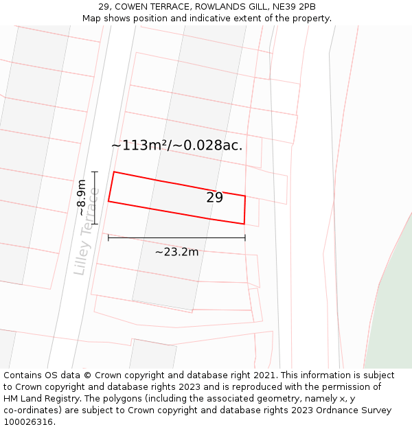 29, COWEN TERRACE, ROWLANDS GILL, NE39 2PB: Plot and title map