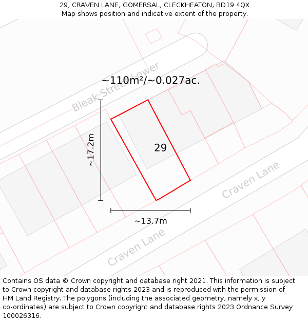 29, CRAVEN LANE, GOMERSAL, CLECKHEATON, BD19 4QX: Plot and title map
