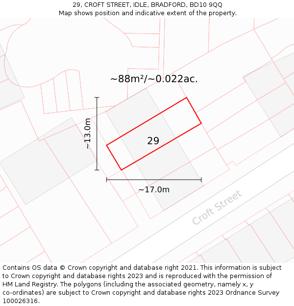 29, CROFT STREET, IDLE, BRADFORD, BD10 9QQ: Plot and title map