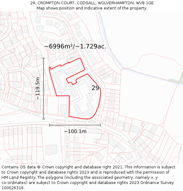 29, CROMPTON COURT, CODSALL, WOLVERHAMPTON, WV8 1GE: Plot and title map